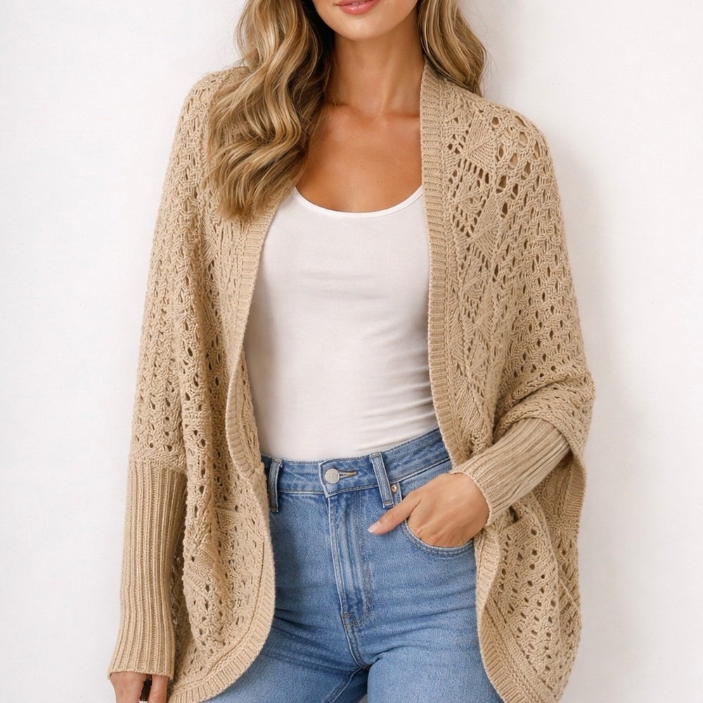 RXB Cozy Boho Tan Open-Knit Wool/Alpaca Blend Cardigan with Pockets Size Medium